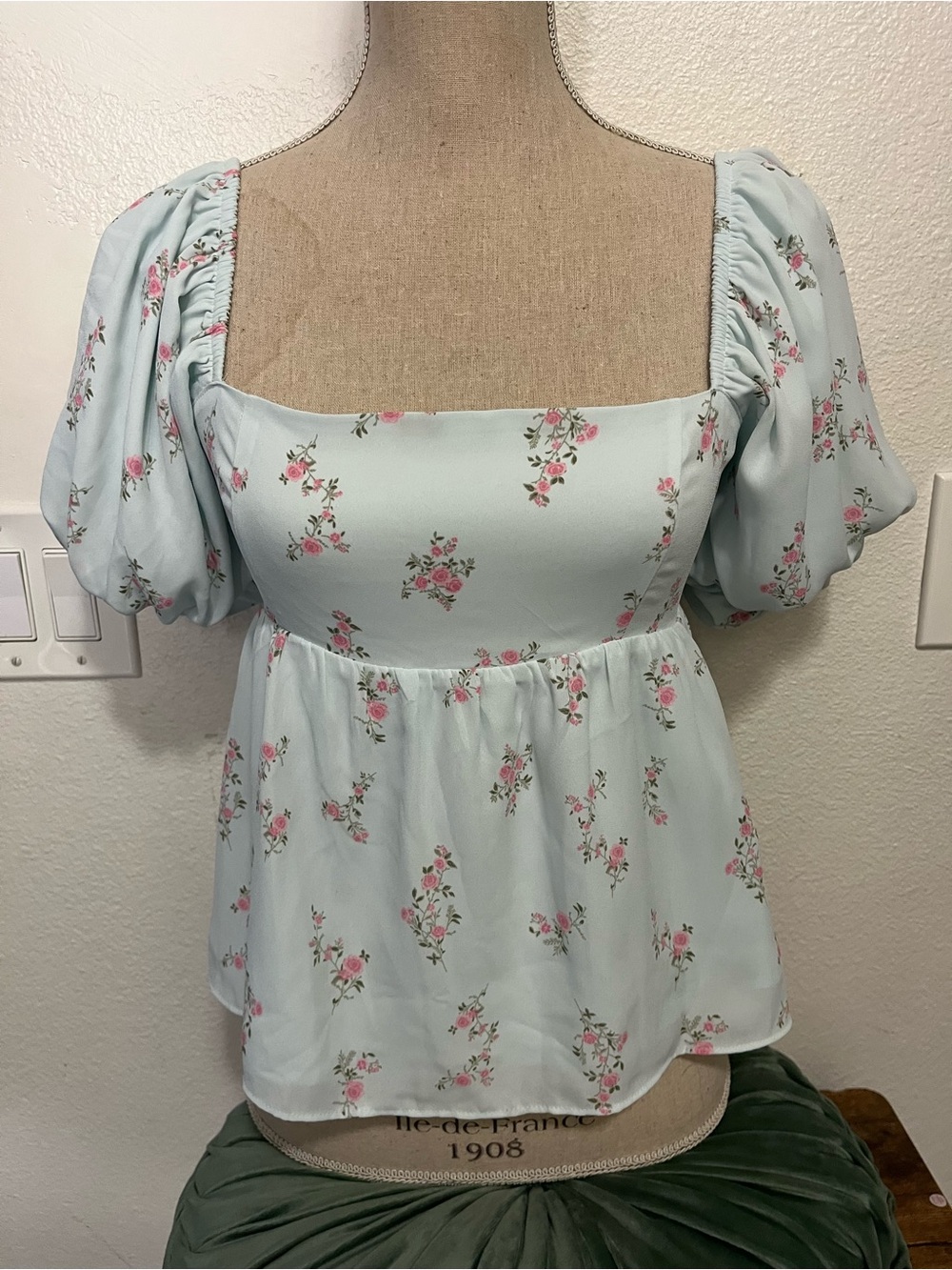 bp Pale Blue Floral Puff Sleeve Square Neck Blouse